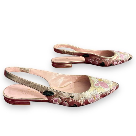 KATE SPADE Barnie Gold Leather Floral Embroidered Slingback Flats - Picture 2 of 7